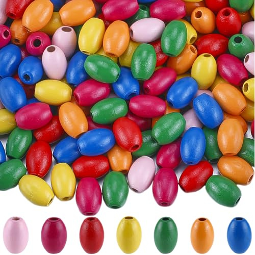 GORGECRAFT 200pz 17x12mm Perline di Legno Ovali Colorate Naturali Colori Assortiti con Foro Grande Barile di Perline di Legno Dipinto Distanziatore Palla Allentata per Fai da Te della Stanza