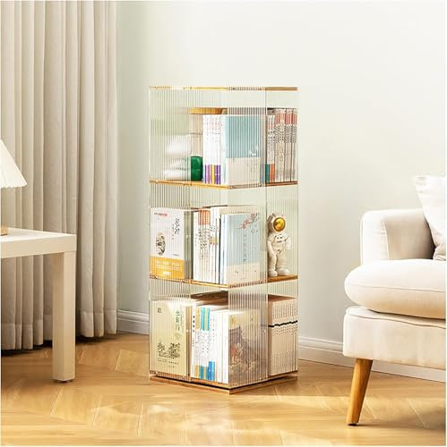 PRMTYUP 360° Drehbares BüCherregal, Vertikaler BüCherregalturm, Drehbarer BüCherregalturm, Bambus-DrehbüCherregal, Holz-BüCherregal, Stehendes Aufbewahrungsregal, Stehregale,Stripes,3 Tier
