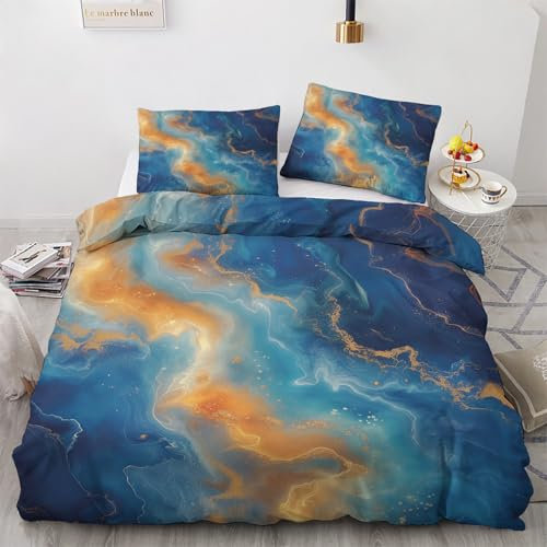 Generisch Bettwäsche 135x200 Abstrakte Murmel Motiv - Blau Gold Bettbezug und 1 Kissenbezug 80x80, Weiche Bügelfreie Mikrofaser Deckenbezug 2er Set mit Reißverschluss, Wendebettwäsche & Deko M&-2922