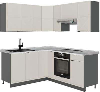 Vicco Eckküche Fame-Line, Küchenzeile in L-Form, GrauBeige/Anthrazit, 160 x 190 cm, AP Marmor