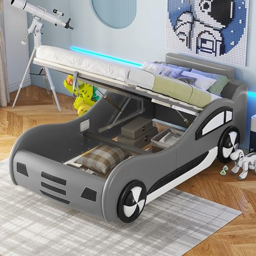 Tcewhhy Flachbett 90x200 cm mit Lattenrost (ohne Matratze), Kinderbett im Autobett-Design mit Unterbettstauraum – in Grau für kleine Autofans