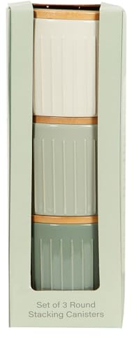 New Ceramic Flaunting a Beautiful Green And Cream Colourway Set of 3 Stacking Canisters With Airtight Wooden Lids Any Kitchen Decor - N51