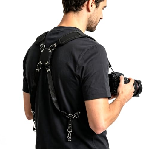 Jwthee Leather Double Shoulder Camera Strap, Dual Camera Harness Strap for Two Cameras Adjustable Leather Double Camera Harness Hang Double Cameras Gear