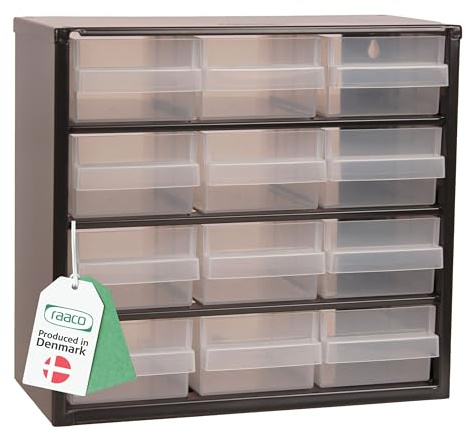 Raaco Cassettiera Porta Minuteria C6-12 Cassettiera Attrezzi in Acciaio | 13 kg Capacità, 15 x 30,6 x 28,3 cm, 12 Cassetti Trasparenti, Cassettiera Attrezzi in Acciaio per Officina, box, sistema