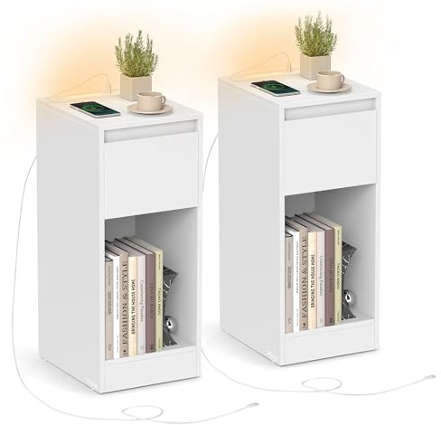 VASAGLE Comodino sottile con stazione di ricarica e luce LED, set di 2 tavolini laterali stretti, porte USB, cassetto e scomparto aperto, per camera da letto, soggiorno, bianco nuvola LET710W01