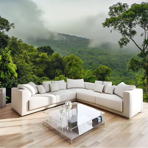 JEDTAKCT 300X210Cm Seidetapete Nebliger Waldtapete Elegance Tapete Im Grüne Landschaft Design Tapete Wandtapete Wohnzimmer Schlafzimmer Flur Strukturtapete