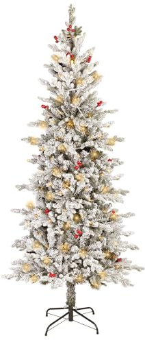 Árbol de Navidad Artificial Preiluminado de 185cm, de Lápiz Delgado con 200 Luces LED Blanco Cálido, Ramas Completas, Decoración Navideña para Interior Exterior Hogar Oficina Fiesta