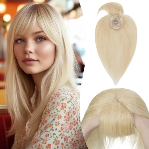 S-noilite Topper für Frauen Echthaar mit Pony 150% Dichte Toupet Haarteil Echthaar Damen Haarverdichtung für Dünnes Haar Mono Basis Haarverlängerung 35cm - 38g #60 Platinblond