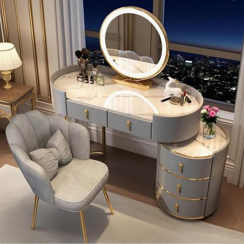 Vofikoli - Toeletta con illuminazione e sedia, tavolo per il trucco con specchio smart tricolore, tavolo da trucco con 5 cassetti, tavolo da trucco per camera da letto moderna (Grigio, 80 cm)
