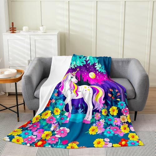 richhome Kids Girls Purple Yellow Unicorn Fleece Throw Blanket Queen 90x90 Night Castle Moon Star Print Flannel Blanket Plush Fuzzy Soft Dreamy Horse Printed for Bed Couch Living Room Garden Floral