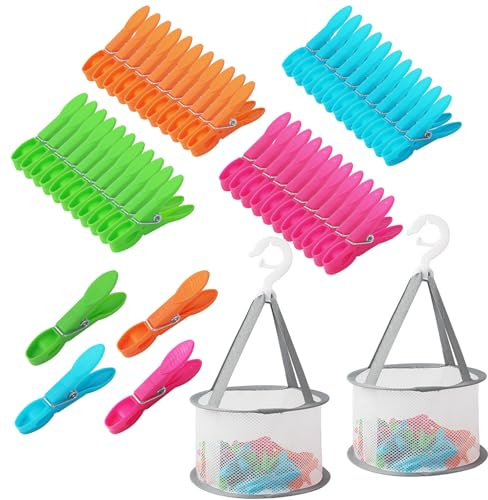 48 Stück Wäscheklammern, with 2 Stück Korb, Handtuchklemmen Kluppen, Sockenklammern Klammern, Windfeste Bunte klammerbeutel für wäscheklammern, für Wäscheleinen und Kleidung, Socken
