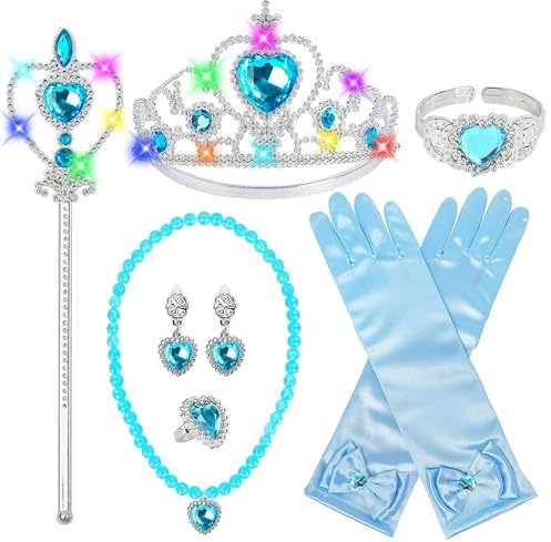 7 Pcs Princesse Dress Up Accessoires Filles Lumineux, Bijoux pour Enfants avec Couronne Princesse Baguette Magique Collier Gants Boucles d'Oreilles Bague Bracelet, pour Anniversaire Halloween Cosplay