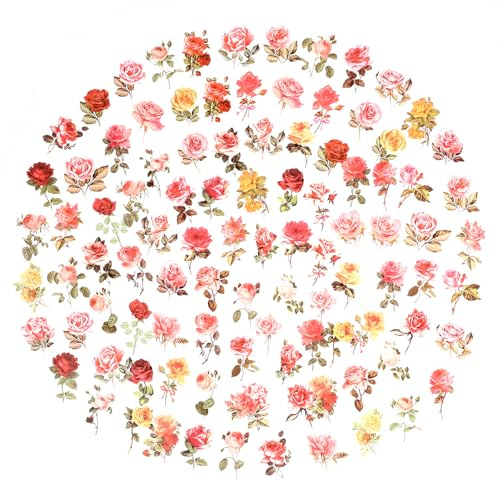 100 Pcs Floral Aesthetic Stickers, Transparent Sticker Clear, Vintage Rose Stickers, Floral Clear Botanical Flower Sticker for Scrapbooking, Laptop, Phone Case, Cards, DIY Crafts, Waterproof