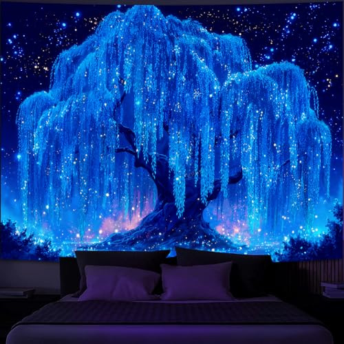 Simpkeely Blacklight Starry Night Tree Tapestry, UV Reactive Neon Willow Tree of Life Wall Hanging, Glow in the Dark Galaxy Mystical Aesthetic Wall Art for Bedroom, Living Room - 130 x 150 cm
