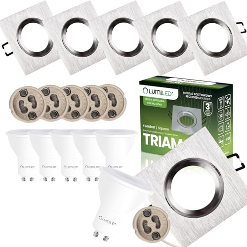Lumiled 6er Set LED Einbaustrahler GU10 6W Warmweiß 3000K Schwenkbar 85mm Ultra Flach Aluminium Eckig Silber Gebürstet 230V Inkl. GU10 Fassung Leuchtmittel Decken Einbauleuchten für Wohnzimmer Küche