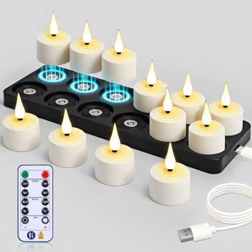 yunsheng Magnetische wiederaufladbare Teelichter mit Ladestation und Fernbedienung Timer, 12Stk Batteriebetriebene Aufladbar Flammenlose LED Kerzen Flackern für Haus Kerzenhalter Dekoration
