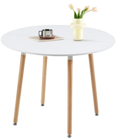 H.J WeDoo Matbord, rund, 100 cm, modernt köksbord, skandinaviskt bord med ben av bokträ för vardagsrum, kök, vitt