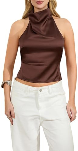 QLQLWDD Women Y2K Sleeveless Halter Neck Satin Top Open Back Mock Neck V Neck Cami Blouse Beach Party Going Out Streetwear (a Dark Brown, S)