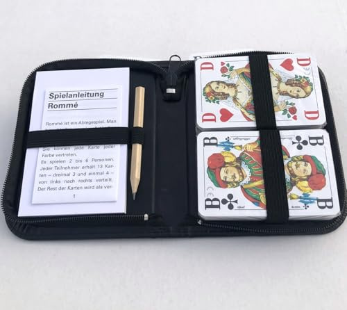 Romme Karten Jumbo Index spezial Edition 2 x 55 Karten Format 59 x 91 mm + Bleistift + Block + Regelheft, im Edlen schwarzem Kunstleder Etui ebenso für Canasta und Bridge + Poker + Skat ab 10 Jahren