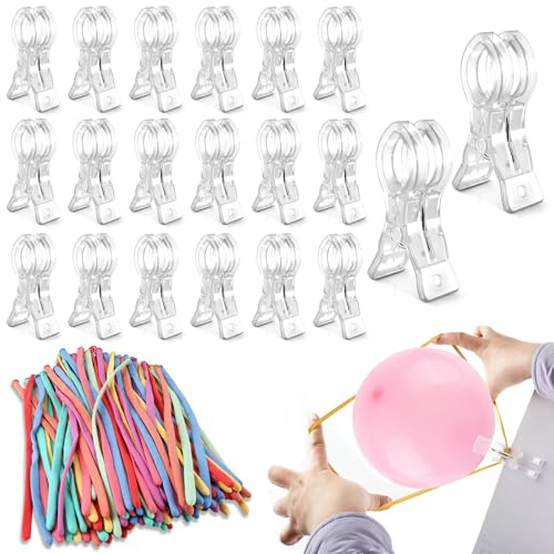 U0U 20Pcs Balloon Arch Clips with 100Pcs Long Balloons,3.5 Inch Transparent Balloon Clips for Balloon Arch,Plastic Spring Clamps for Balloon Kit Birthday Backdrop Decoration (Transparent, 20PCS)