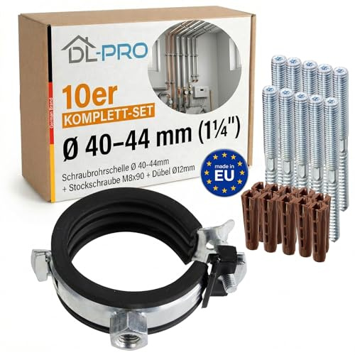 DL-PRO Schraubrohrschelle Ø 40-44mm (1¼) EPDM Schallschutz 10er Set mit Stockschraube M8x90 & Dübel – DN32 Cu42 HT DN40