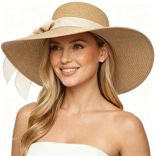 DRESHOW Damen Breit Krempe Strohhut Faltbar Schutz Strandhut Elegant Sommer Hut Sonnenhüte UPF 50+
