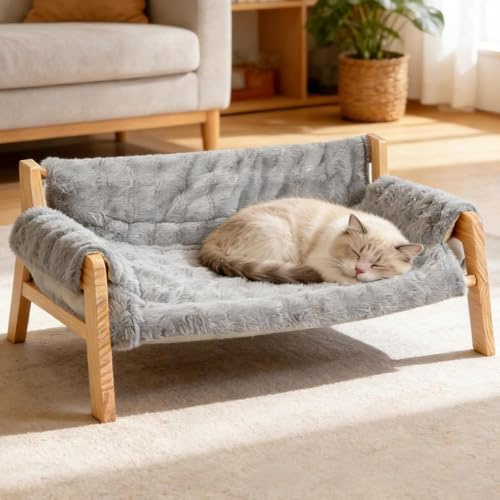 MAIJIAJU Große Katzenbett, Erhöhtes Massivholz Katzensofa Grau Plüsch