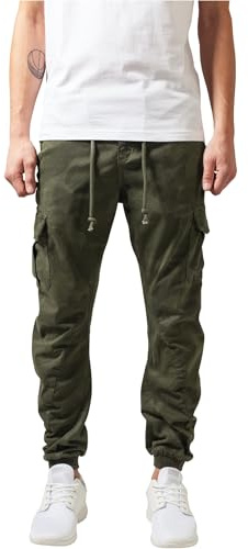 URBAN CLASSICS Pantalón jogging Camo Cargo con bolsillos de parche laterales y traseros, ajuste holgado, estampado camuflaje, cintura cordón, puños elásticos, color Verde Camo, talla 28