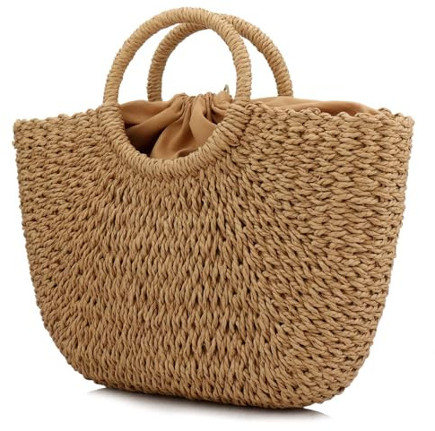 Kwolf Large Straw Woven Tote Bag With Stripes And Round Handles Brown