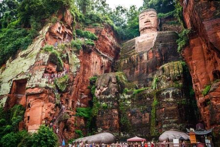 adrium Holz-Bild 90 x 60 cm: Ansicht des Leshan-Riesenbuddha oder des Dafo vom Flussboot in Leshan Sichuan China (131996085)