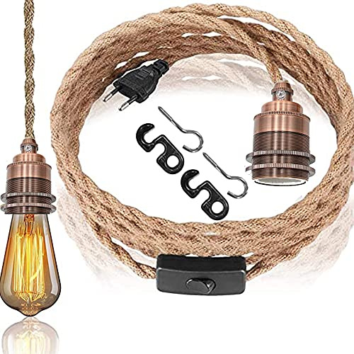 DIY Vintage Hanfseil Pendellampe Kit mit Schalten Stecken Einzelkopf Hängeleuchte Hanfseil Kabel E27 Fassung Kupfer Lampenfassung Textilkabel Dekor Beleuchtung für Home Loft (B,4.5M)