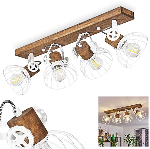 HOFSTEIN Deckenleuchte Orny, verstellabre Deckenlampe aus Metall/Holz in Weiß/Natur, Leuchte im Industrial/Retro/Vintage-Design, Lichteffekt durch Gitter-Optik, 4 x E27, Wohnzimmer, Esszimmer, Küche