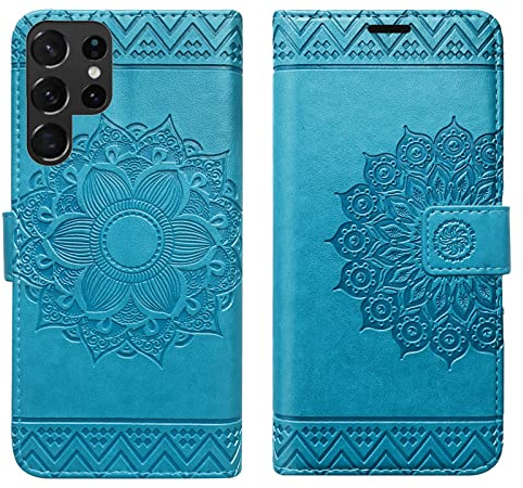 Hülle Kompatibel mit Samsung Galaxy S22 Ultra | Klapphülle Schutzhülle mit Kartenfächer Kompatibel für Galaxy S22 Ultra | Magnetverschluss Flip Case | Blau