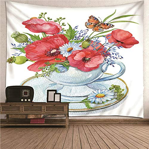 Tapices Aesthetic Tapiz De Foto Pared Taza Café con Flores Y Mariposa Multicolor Tapicería Sofá Habitacion Adolescente para La Decoración Sala Estar del Dormitorio 260X240Cm