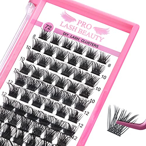 PRO LASHBEAUTY Wimpern-Cluster, 72 Stück, einzelne Cluster-Wimpern, DIY-Wimpernverlängerung, 8–16 mm Wimpern-Cluster, Volumen, dünne Wimpern, superdünnes Band, wiederverwendbar, weich und bequem