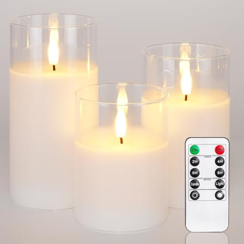 Homemory White Glass Flameless Candles Flickering, Battery Operated LED Pillar Candles with Remote Control and Timer, Fake Electric Candles, Real Wax, 3D Wick, D3 xH4 5 6, Set of 3