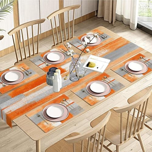 ArtSocket Tischläufer- und Platzdeckchen-Set, Bauernhaus, 6 Stück, abstrakte orange-graue Malkunst, Esstischdekoration für den täglichen Gebrauch (1 Tischläufer 183 cm lang und 6 Platzdeckchen)