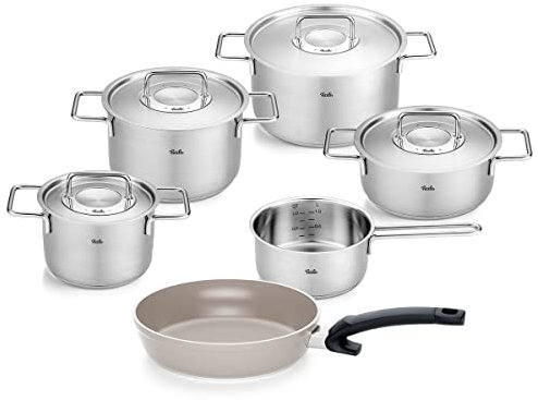 Fissler Pure Collection/Edelstahl-Kochtopfset, 6-teilig, Töpfe mit Metall-Deckel (3 Kochtöpfe,1 Bratentopf 1 Stielkasserolle, Ceratal Comfort Pfanne 24 cm) - Induktion