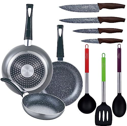 Set 3 padelle (16+20+24 cm) alluminio stampato, induzione, marmo nero con Set 3 utensili da cucina in nylon con Set 4 coltelli in acciaio inox