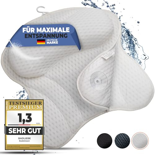 BadLiebe Badewannenkissen – [GEPRÜFTE QUALITÄT] - inkl. 6 extra starken Saugnäpfen – Badekissen mit ergonomischer Passform für Nacken und Rücken – hochwertiges Nackenkissen – [INKL. extra Tragetasche]