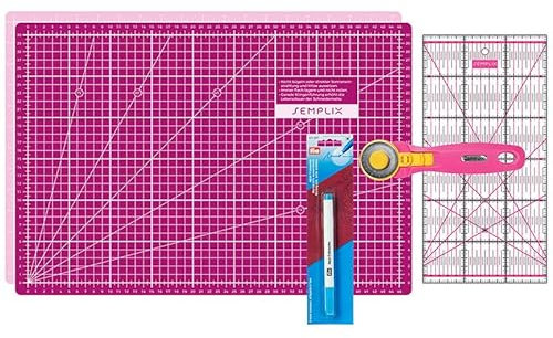 SEMPLIX Schneidematten Set - Schneideunterlage 45 x 30 cm (A3), Rollschneider Maxi, Patchwork Lineal + PRYM Aqua-Trickmarker (Pink/Beere)