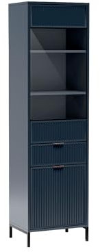 MINIO go for it - Regal ASTI, 54.5 x 196 x 40.6 cm, Stehend Glas Vitrine, Ideal für das Wohnzimmer, Fachböden und Schubladen - Indigo