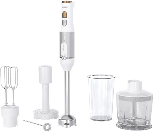 Sencor Frullatore ad Immersione Ultra-Potente 6 in 1, 1200W, con Frusta Doppia, Tritatutto & Montalatte, Schiacciapatate, Lame QuadBlade in Titanio, Controllo Continuo della Velocità, Elegante, Bianco