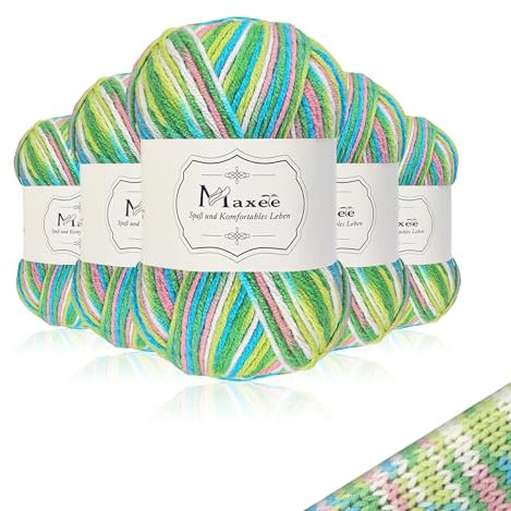 Maxee Handstrickgarn, 5x50 g Häkelgarn, Bunt Farbverlauf Acryl Garn zum Stricken, Weicher Wolle zum Häkeln, Mehrfarbiges Garn zum Stricken Häkeln und Basteln