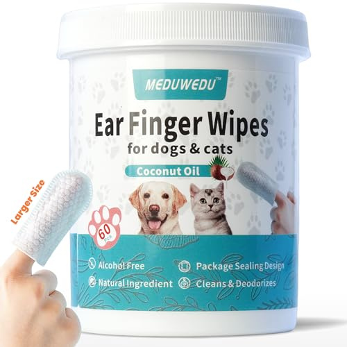 MEDUWEDU Wider - Toallitas limpiadoras de oídos para dedos, 60 unidades, limpiador de orejas de perro, kit de aseo para perros y gatos, almohadillas de limpieza óticas, elimina la cera, la suciedad y