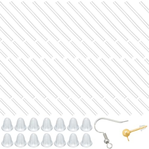 Beebeecraft 1 boîte de 200 pièces de 2 tailles de Manchons de Boucles D'Oreilles en Silicone et Tube en Plastique Protecteurs de Perçage de Manchon de Boucle D'Oreille avec 200 pièces Écrous D'Oreille