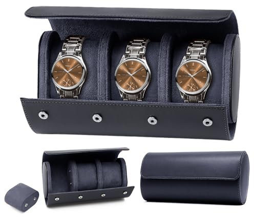 KoGiio Uhrenbox,Wasserdichte Retro-Uhrenaufbewahrungsbox,Uhrenkoffer mit Herausnehmbaren PU Lederuhrenhalter Uhrenkissen, Tragbare Reiseetui Uhrenschatulle, Samtfutter,Uhrenrolle - 3 Slot - Blau