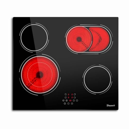 Placa Vitroceramic 4 Fuegos 6600W, Vitroceramica Induccion con Doble Zona de barbacoa ovalada, Placa Electrica Cocina 9 Niveles de Potencia, Función Pausa, Temporizador, Bloqueo de Seguridad