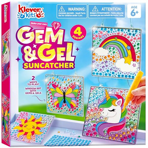 Klever Kits Suncatcher Craft Kit for Kids Age 6 7 8 9-12, 4 Gem Toy Painting Art Gift Set:Sun Unicorn Butterfly Rainbow with Window Pens,Girls Birthday Toy Gifts,Gem Diamond Painting Craft Kits