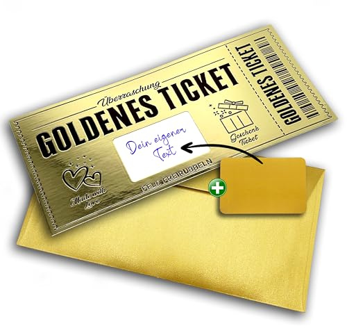 Goldenes Ticket zum selber ausfüllen mit Rubbelfeld - Rubbelaufkleber und Beschriftungsfeld - Geschenk für Freund, Freundin, Frauen und Männer Geburtstagskarte, Kino- und Reisegutschein - goldfarbig